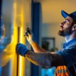A photograph of a lighting contractor installing a vibrant 6 ft led light strip in a modern interior setting