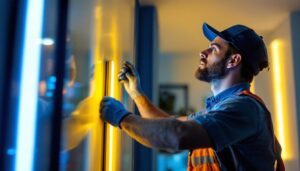 A photograph of a lighting contractor installing a vibrant 6 ft led light strip in a modern interior setting
