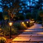 A photograph of a beautifully landscaped outdoor setting featuring solar-powered pathway lights illuminating a garden path at dusk