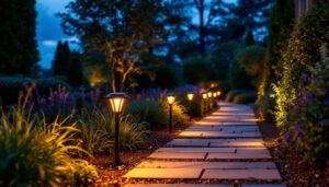 A photograph of a beautifully landscaped outdoor setting featuring solar-powered pathway lights illuminating a garden path at dusk