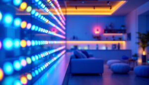 A photograph of a vibrant display of rgb led lights in a modern setting