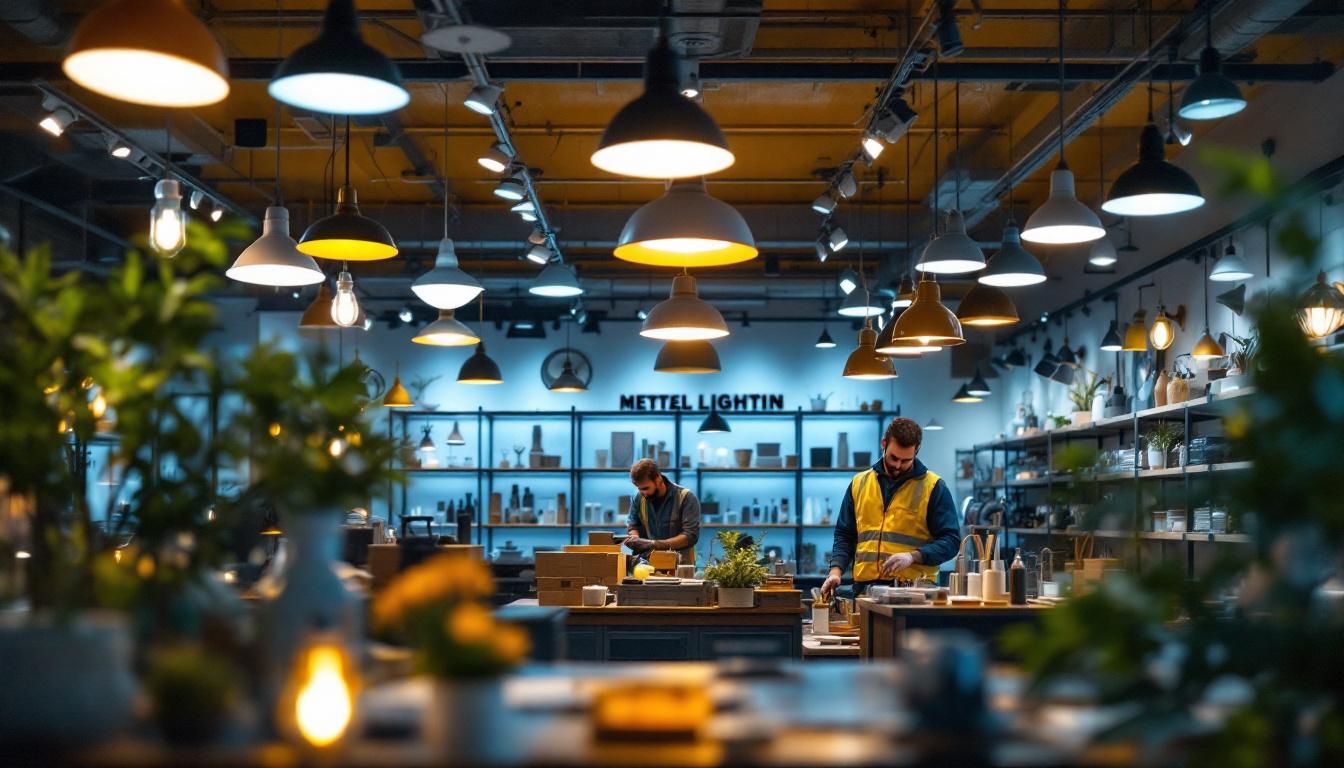 A photograph of a well-lit retail space showcasing various lighting fixtures in use