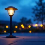 A photograph of a beautifully designed round solar lantern illuminating an outdoor space at dusk