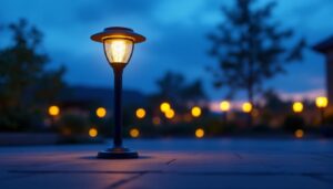 A photograph of a beautifully designed round solar lantern illuminating an outdoor space at dusk