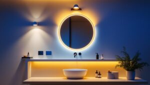 A photograph of a beautifully lit bathroom showcasing a variety of stylish lighting fixtures