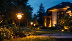 A photograph of a beautifully designed outdoor space illuminated by hsn solar lights at dusk