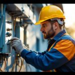 A photograph of a skilled lighting contractor working outdoors
