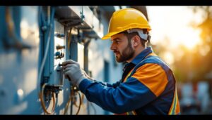 A photograph of a skilled lighting contractor working outdoors
