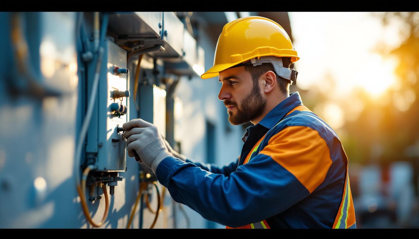 A photograph of a skilled lighting contractor working outdoors
