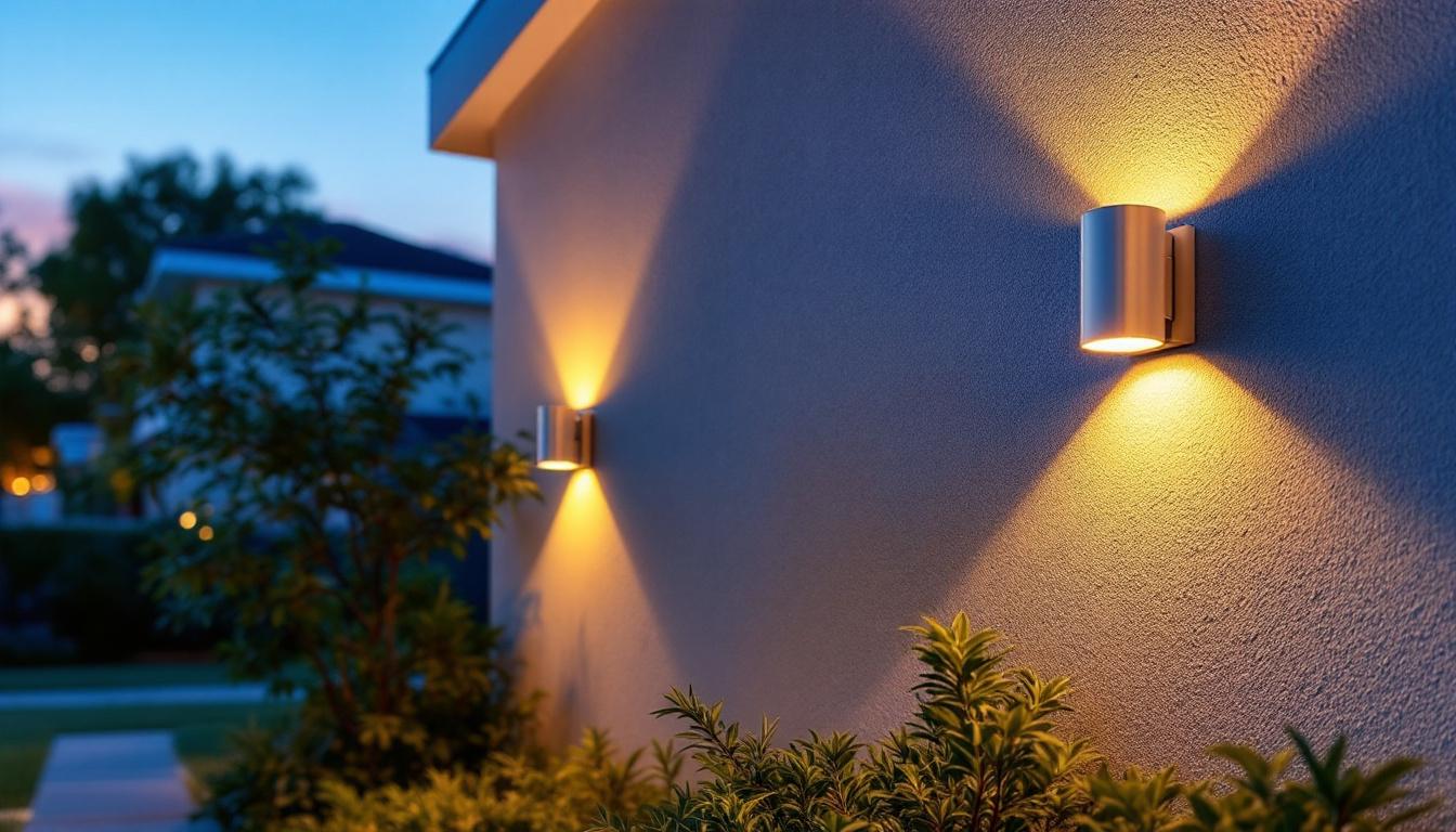 A photograph of a beautifully illuminated exterior wall featuring stylish wall-mounted lights