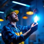 A photograph of a lighting contractor installing or showcasing vibrant ge led lights in a modern setting