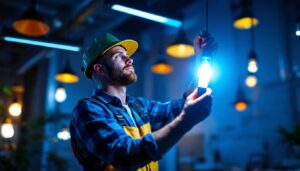 A photograph of a lighting contractor installing or showcasing vibrant ge led lights in a modern setting