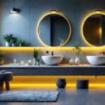 A photograph of a modern bathroom showcasing stylish pot lights in various configurations
