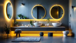 A photograph of a modern bathroom showcasing stylish pot lights in various configurations