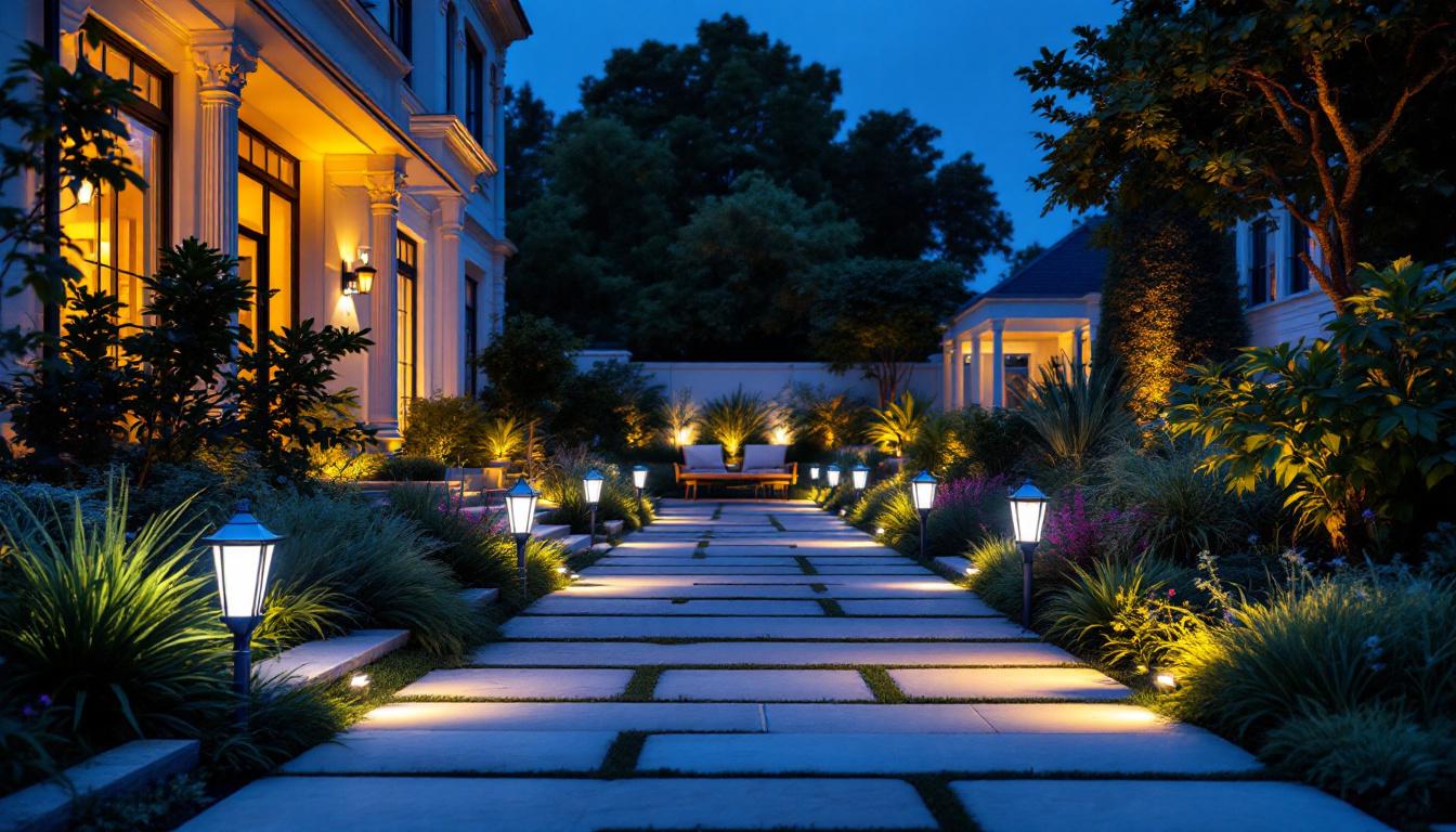 A photograph of an elegant outdoor space featuring a variety of white exterior lights illuminating pathways