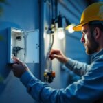 A photograph of a lighting contractor installing or inspecting an external outlet box in a residential setting