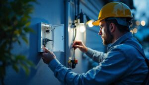 A photograph of a lighting contractor installing or inspecting an external outlet box in a residential setting