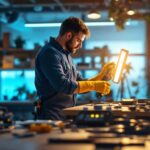 A photograph of a lighting contractor expertly installing or adjusting benchtop lighting in a well-lit workspace