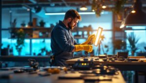 A photograph of a lighting contractor expertly installing or adjusting benchtop lighting in a well-lit workspace