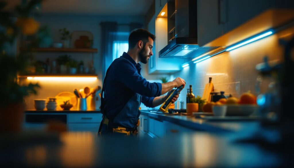 A photograph of a well-lit kitchen showcasing under cabinet tape lighting in action