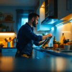 A photograph of a well-lit kitchen showcasing under cabinet tape lighting in action