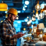 A photograph of a lighting contractor examining various lamp designs in a well-lit showroom