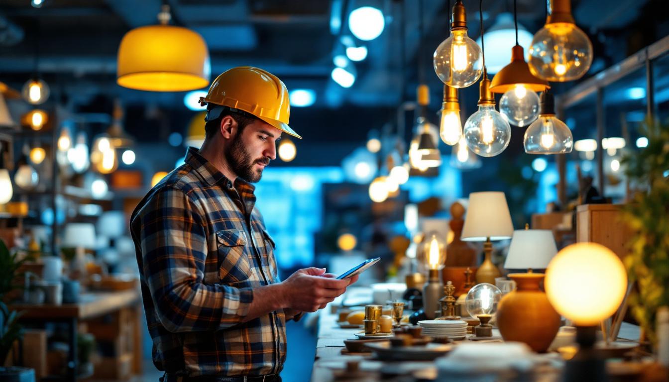 A photograph of a lighting contractor examining various lamp designs in a well-lit showroom