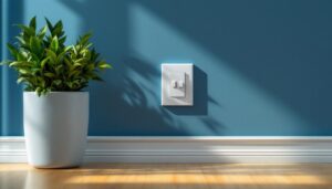A photograph of a modern switchable wall outlet in a stylish interior setting