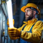 A photograph of a lighting contractor installing or replacing a t8 fluorescent bulb in a commercial or industrial setting