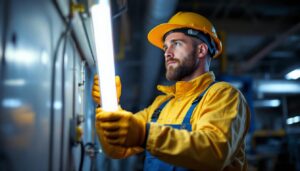 A photograph of a lighting contractor installing or replacing a t8 fluorescent bulb in a commercial or industrial setting