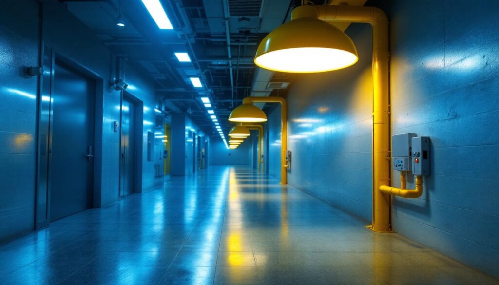 A photograph of a well-lit commercial space showcasing led lighting installations