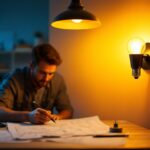 A photograph of a well-lit workspace featuring a glowing st64 bulb in a stylish fixture