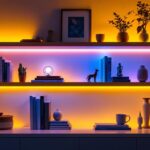 A photograph of a beautifully designed shelf illuminated by vibrant led strip lighting