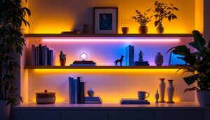 A photograph of a beautifully designed shelf illuminated by vibrant led strip lighting