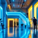 A photograph of a well-designed interior space featuring vibrant light strips accentuating architectural features