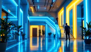 A photograph of a well-designed interior space featuring vibrant light strips accentuating architectural features