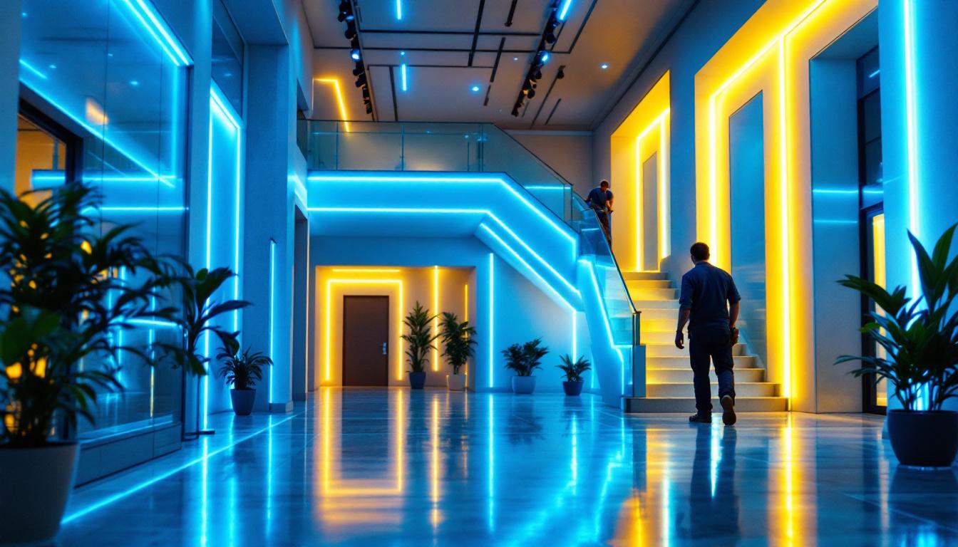 A photograph of a well-designed interior space featuring vibrant light strips accentuating architectural features