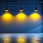 A photograph of a well-lit garage featuring stylish hanging lights