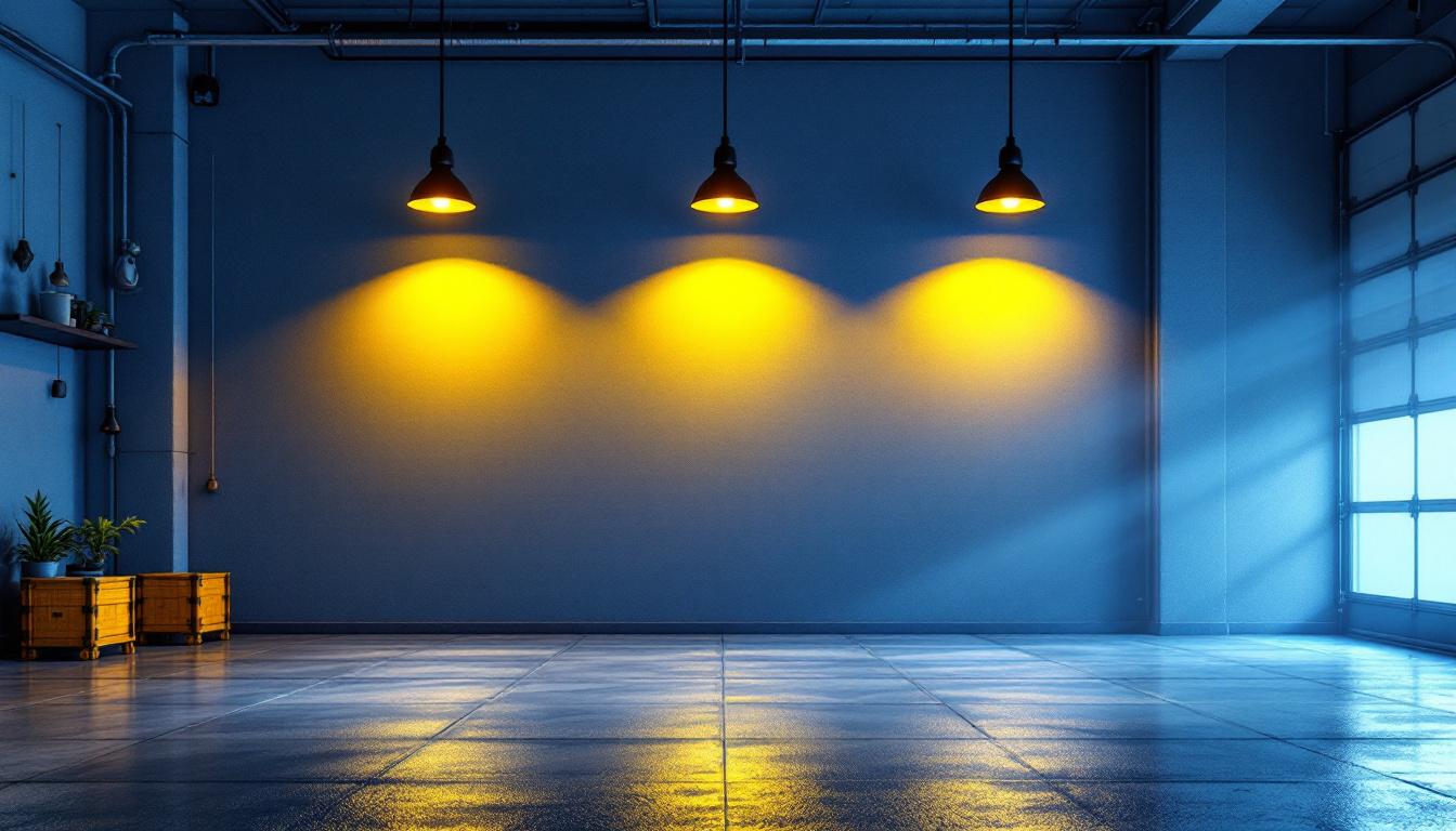 A photograph of a well-lit garage featuring stylish hanging lights