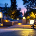A photograph of a beautifully illuminated outdoor space featuring various led flood lights in action