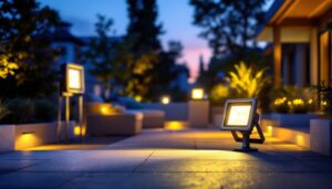 A photograph of a beautifully illuminated outdoor space featuring various led flood lights in action