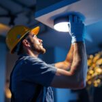 A photograph of a skilled lighting contractor installing a sleek