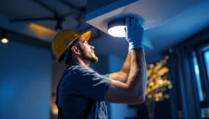 A photograph of a skilled lighting contractor installing a sleek