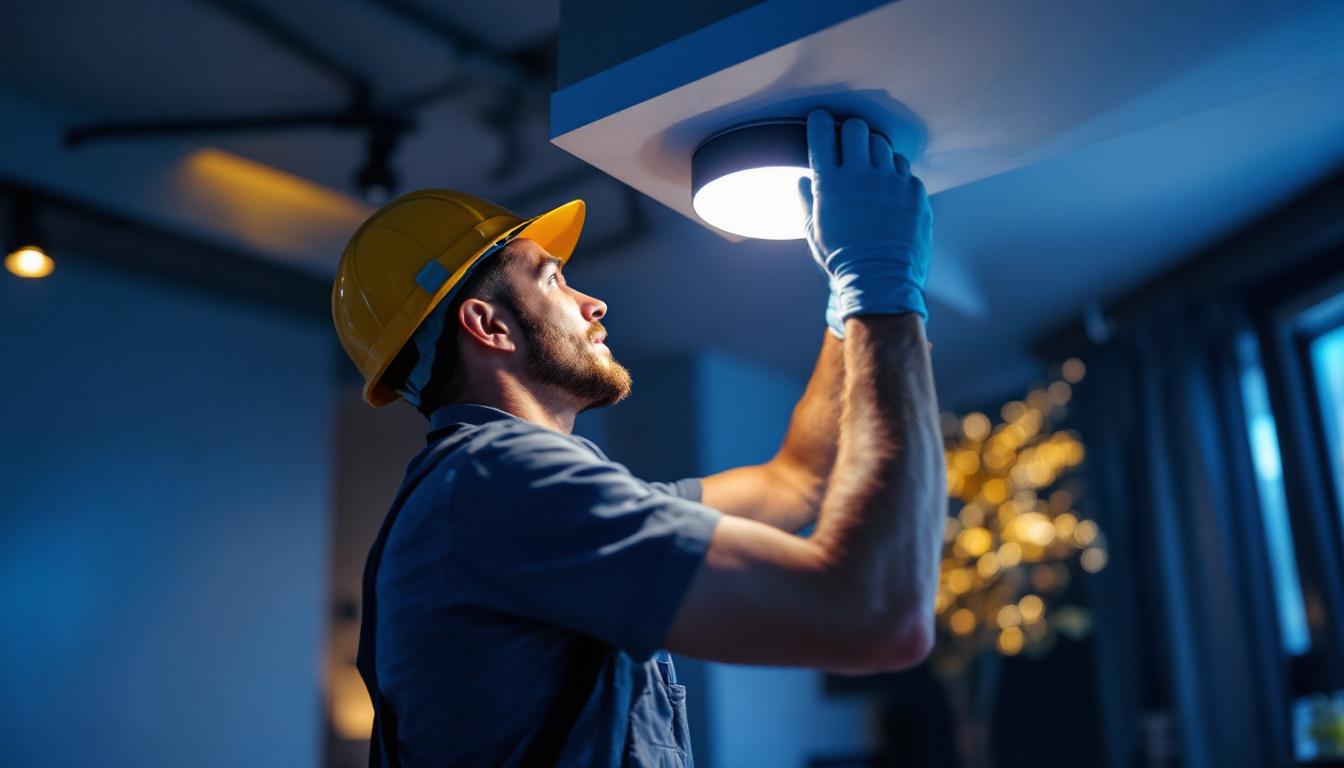 A photograph of a skilled lighting contractor installing a sleek