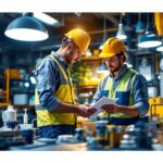 A photograph of a lighting contractor collaborating with a commercial lighting company representative