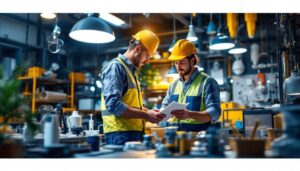 A photograph of a lighting contractor collaborating with a commercial lighting company representative