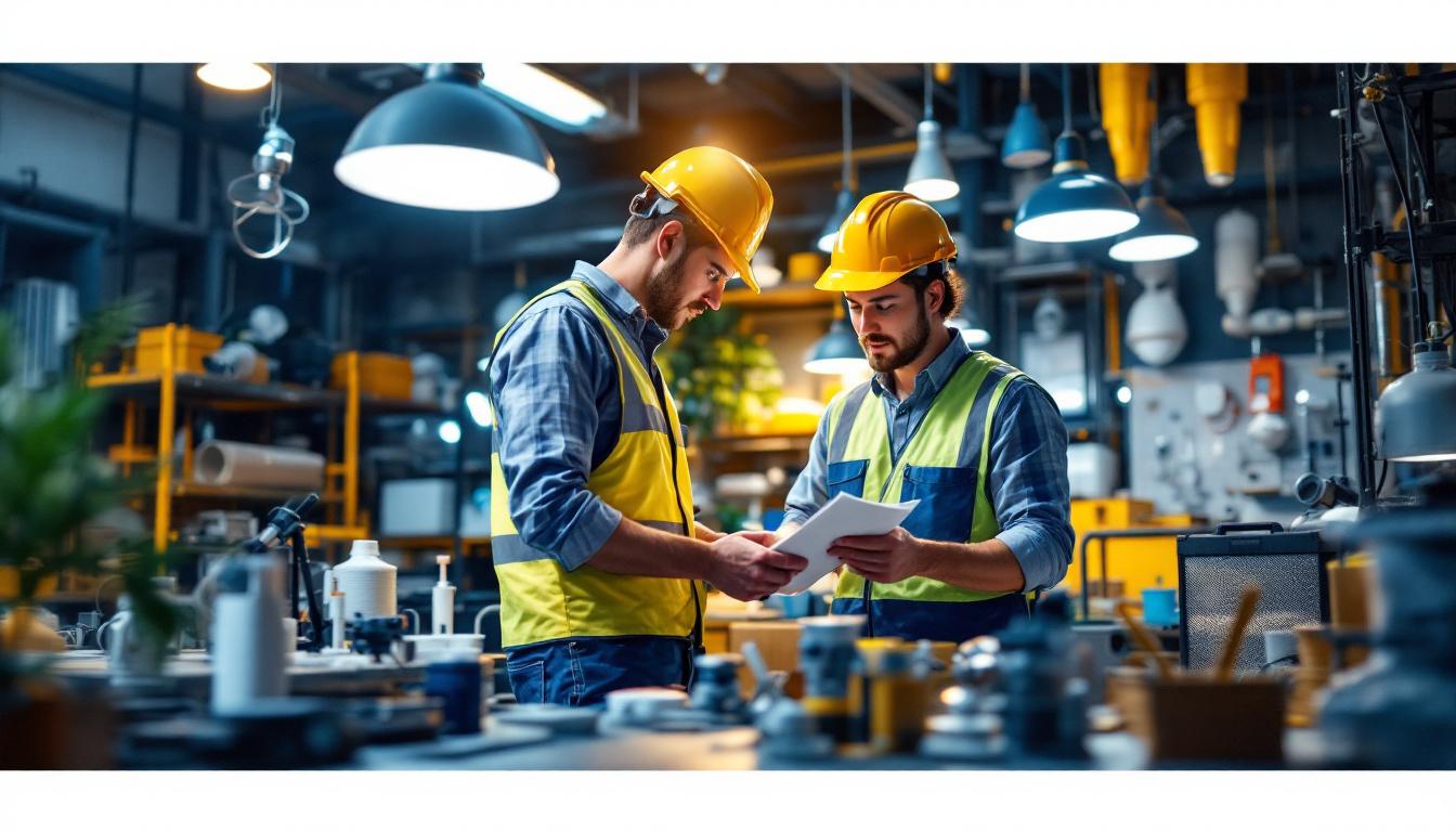 A photograph of a lighting contractor collaborating with a commercial lighting company representative