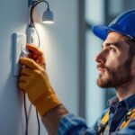 A photograph of a skilled lighting contractor installing a triway switch in a modern home setting