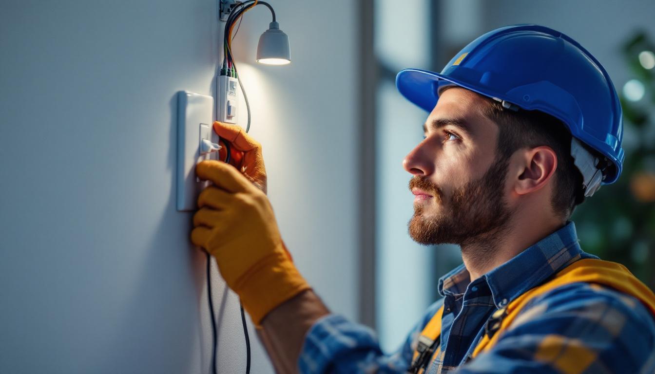 A photograph of a skilled lighting contractor installing a triway switch in a modern home setting