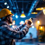 A photograph of a lighting contractor at work